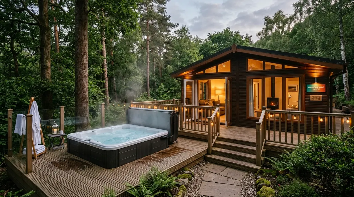 Mid-range private outdoor hot tub on a woodland lodge deck in North Yorkshire with natural privacy screening