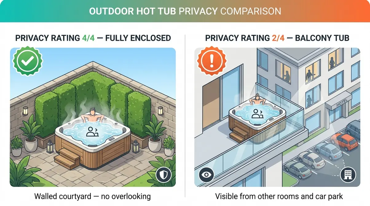 Infographic comparing fully enclosed private hot tub terrace rated four out of four versus overlooked balcony tub rated two out of four