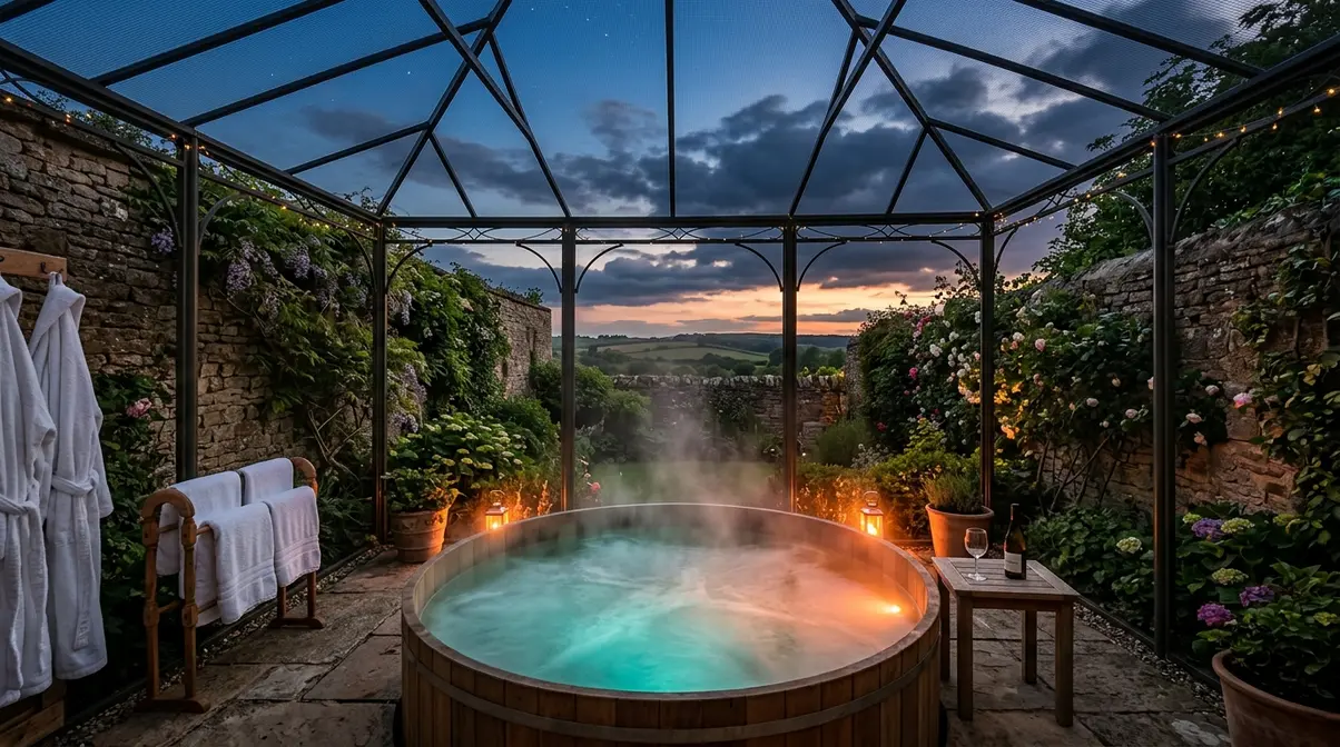 Fully screened private outdoor hot tub in a walled garden at a UK countryside hotel at dusk