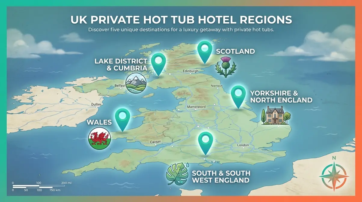 Illustrated UK map showing top regions for private hot tub hotels including Lake District, Yorkshire, Hampshire, Wales, and Scotland