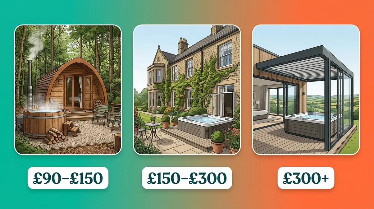 Three UK hot tub hotel price tiers from budget glamping pods to luxury spa suites with private outdoor tubs