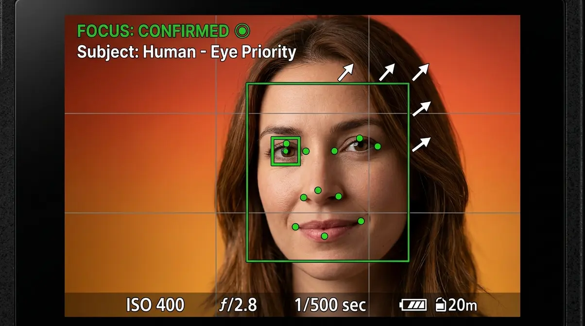 AI Eye AF autofocus system detecting face landmarks and locking focus on the eye in portrait photography