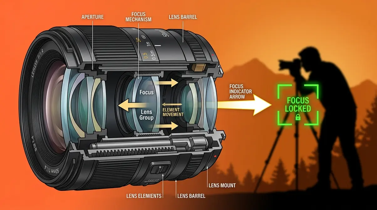 Camera lens cross-section showing internal glass elements shifting to achieve autofocus lock