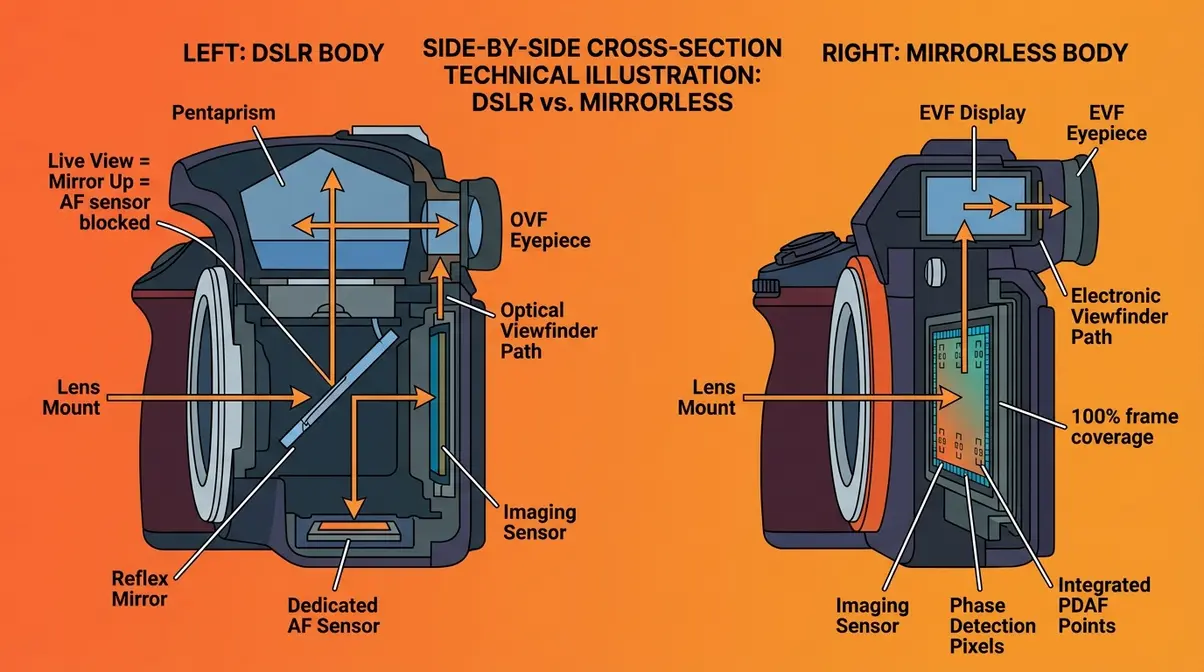 Cross-section diagram comparing DSLR mirror-based autofocus architecture versus mirrorless sensor-based AF