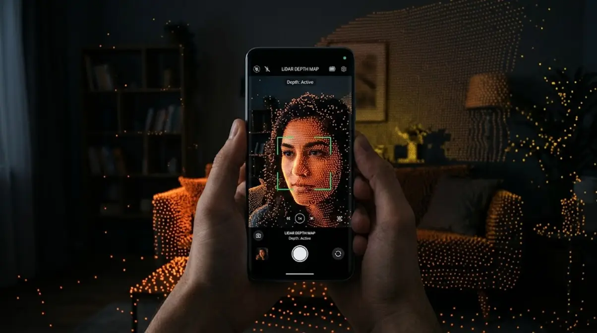 Smartphone LiDAR autofocus generating a 3D depth map point cloud in a dark room