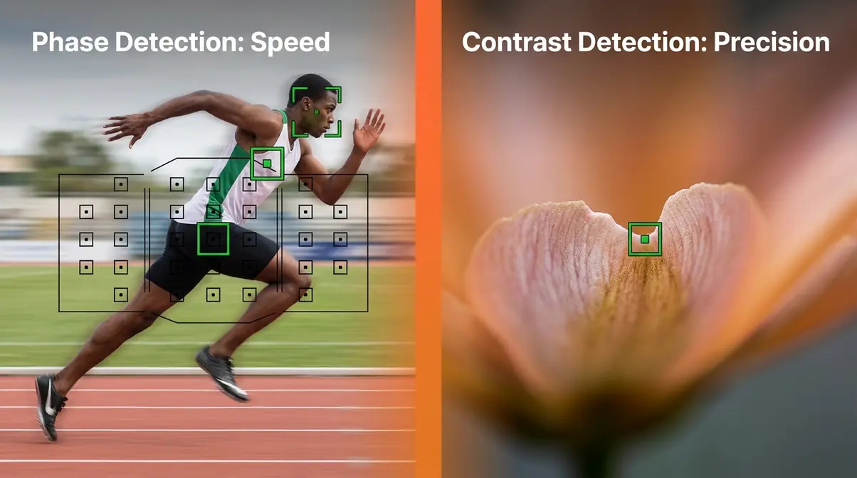 Phase detection autofocus tracking a runner versus contrast detection focusing on a flower macro