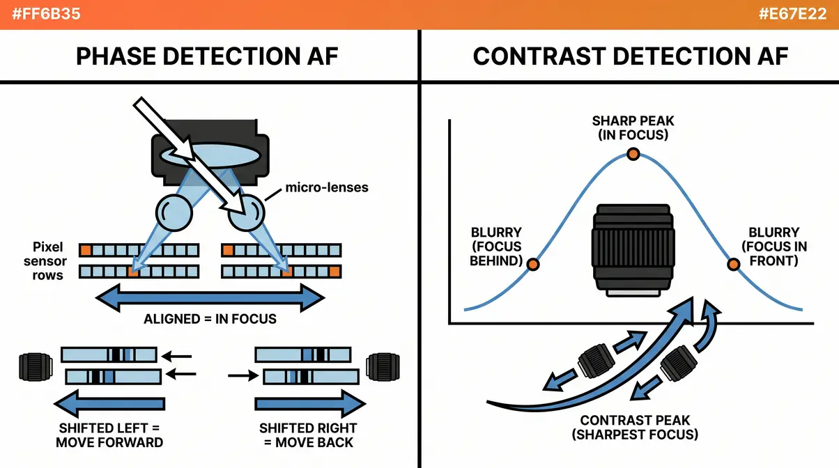 Phase detection vs contrast detection autofocus diagram comparison