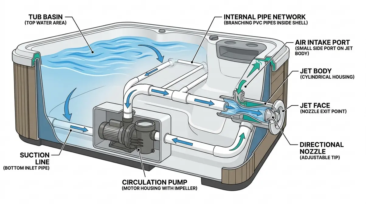 Hot tub anatomy cross-section diagram showing Venturi effect water and air path through jet system