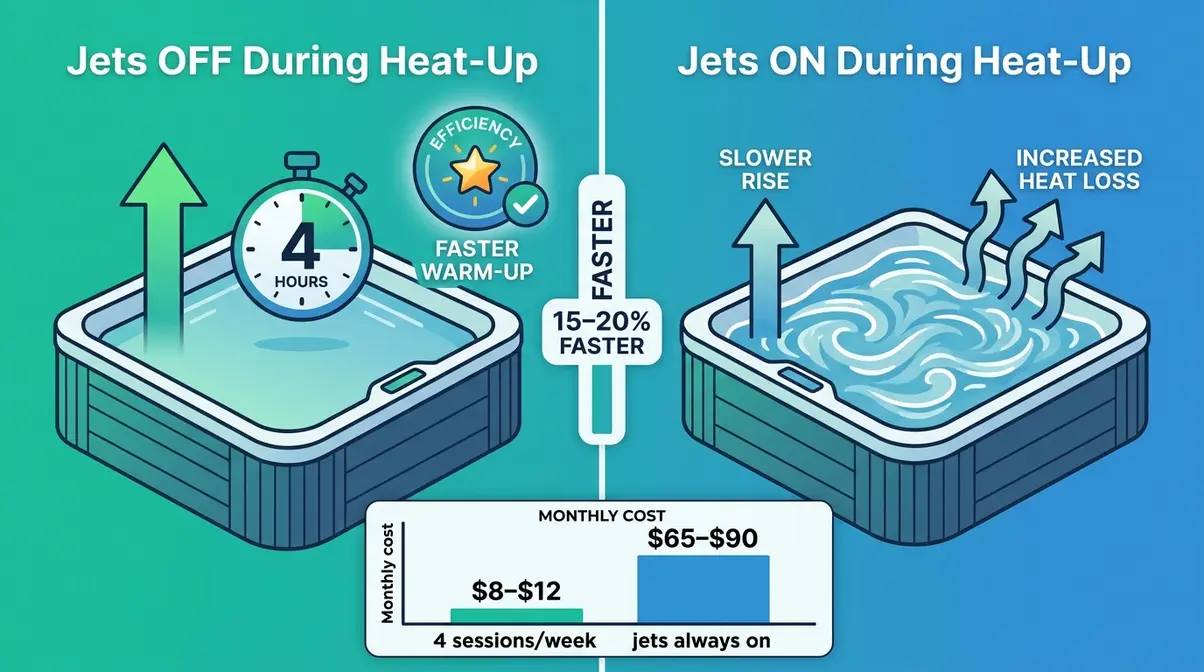 Hot tub heating efficiency comparison showing jets off heats 15 to 20 percent faster with energy cost data