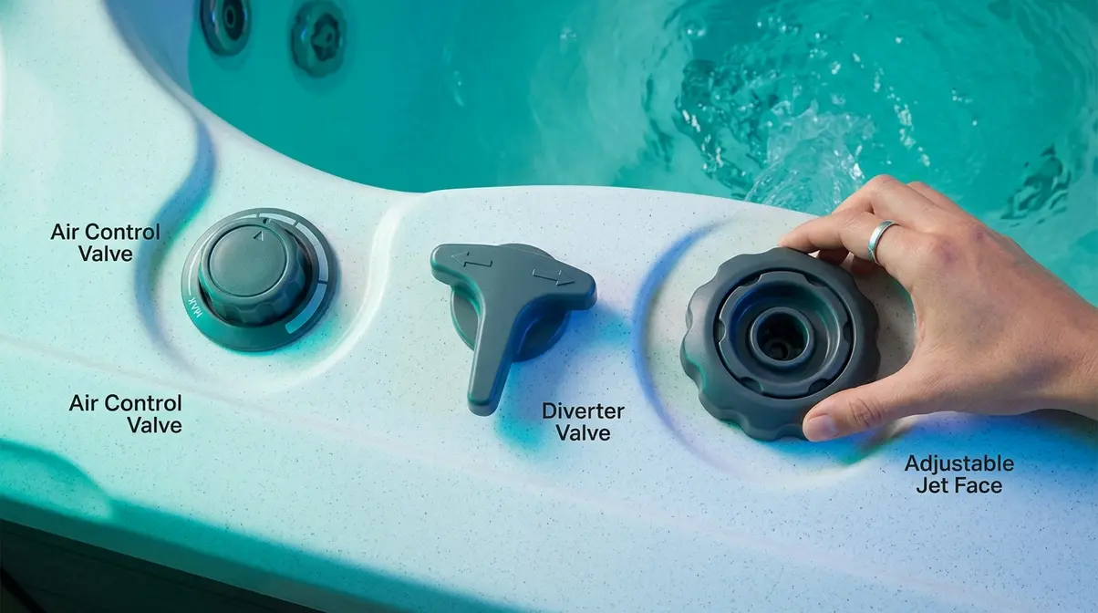 Hot tub jet controls showing air valve diverter valve and adjustable jet face nozzle on spa shell