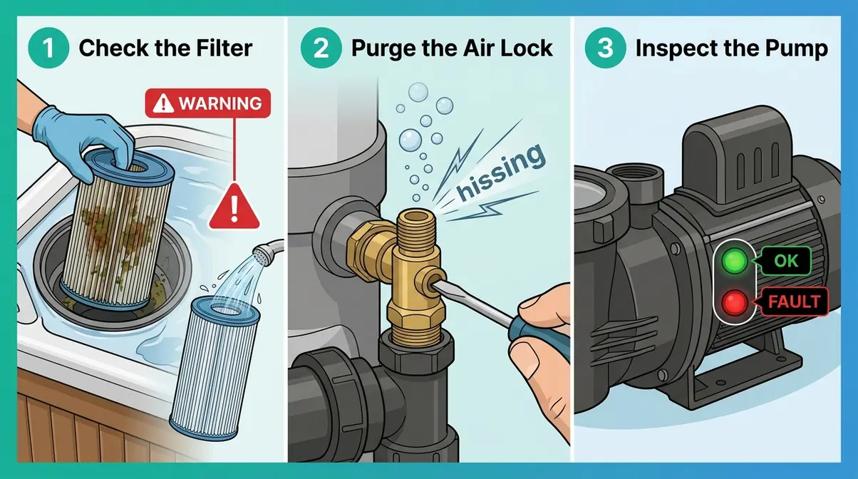 Hot tub jet troubleshooting three-step repair showing filter check air lock purge and pump inspection