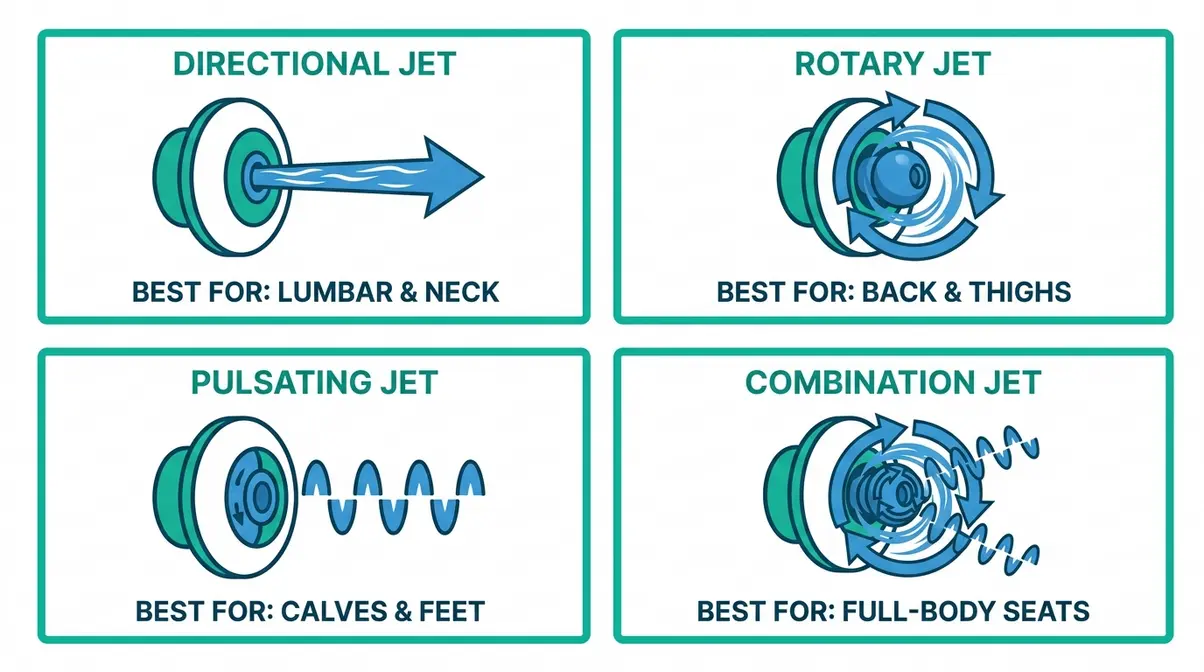 Hot tub jet types comparison chart showing directional rotary pulsating and combination jet designs