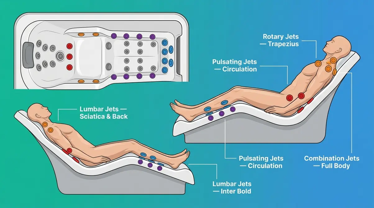 Hot tub jet placement diagram showing targeted massage zones for lumbar shoulder calf and full body
