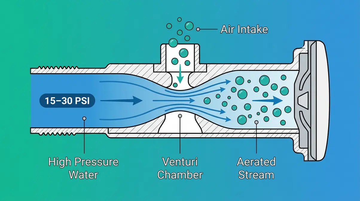 Hot tub jet venturi pressure mechanics cross-section showing water and air mixing at 15 to 30 PSI