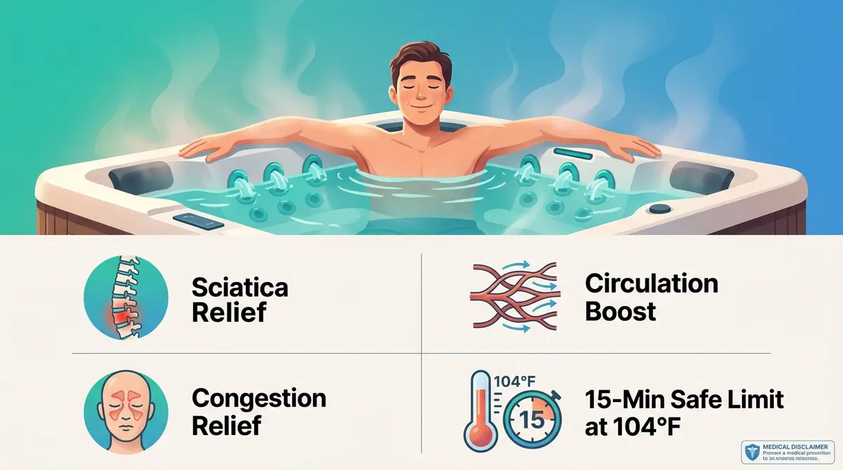 Hydrotherapy benefits diagram showing hot tub relief for sciatica neuropathy sinuses with 15-minute safety limit