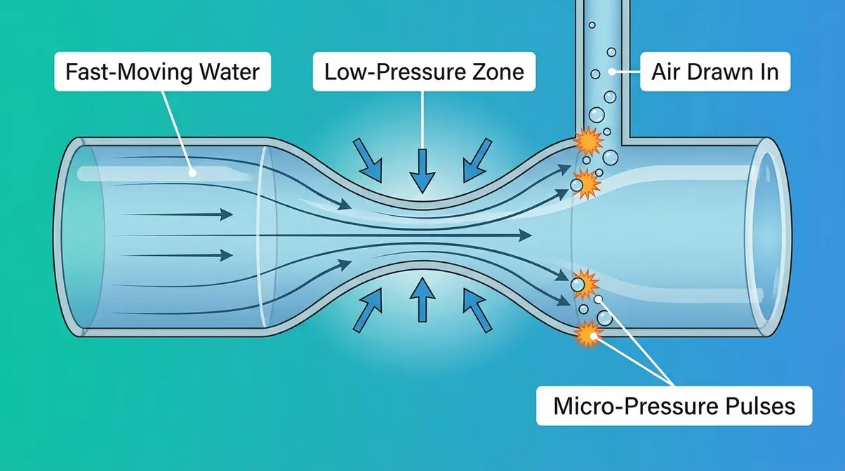 Venturi effect detail diagram showing low-pressure zone pulling air into hot tub jet stream