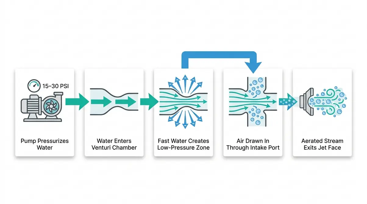 Venturi effect hot tub jet flowchart showing five-step water and air mixing process