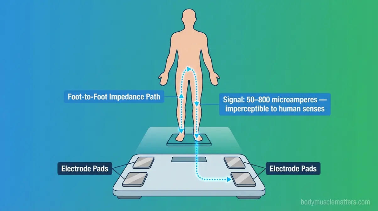 Diagram showing BIA electrical signal traveling from smart scale electrodes through foot-to-foot impedance path in the body