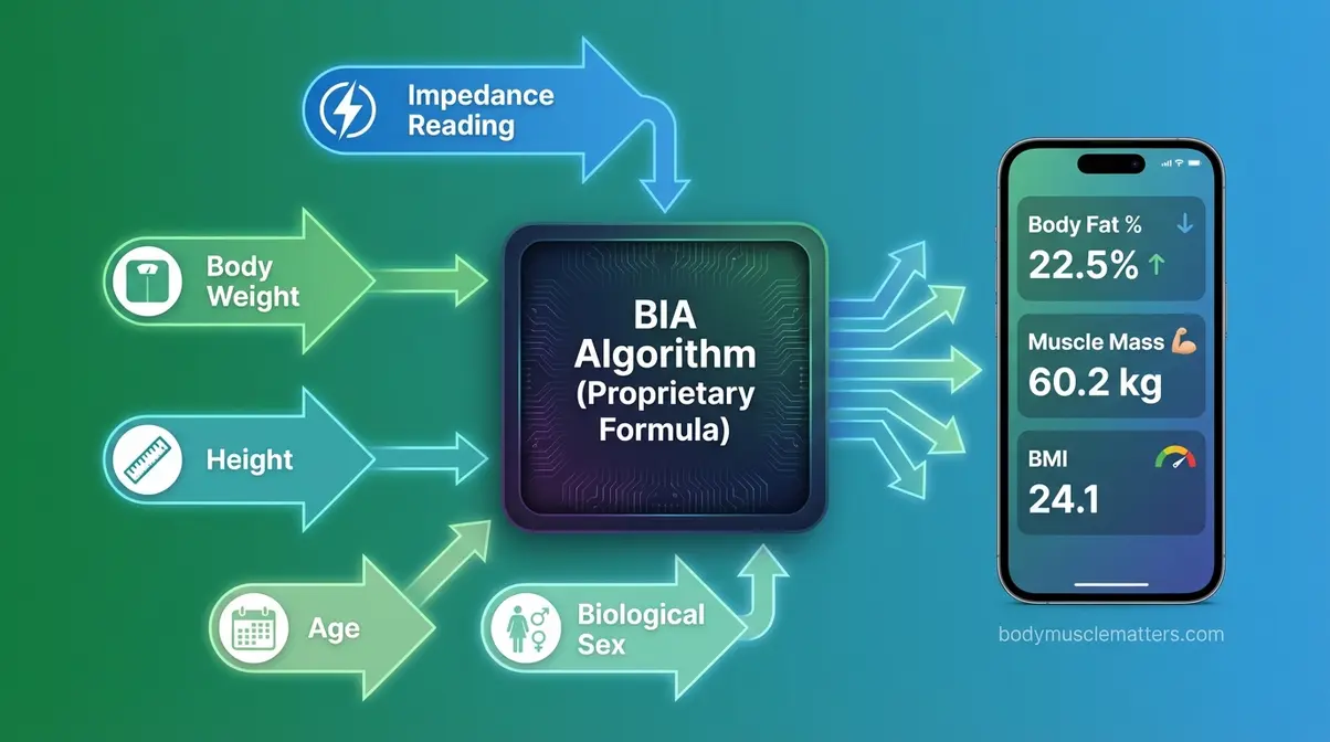 Diagram showing five inputs to smart scale BIA algorithm: impedance, weight, height, age, and biological sex producing body composition estimates