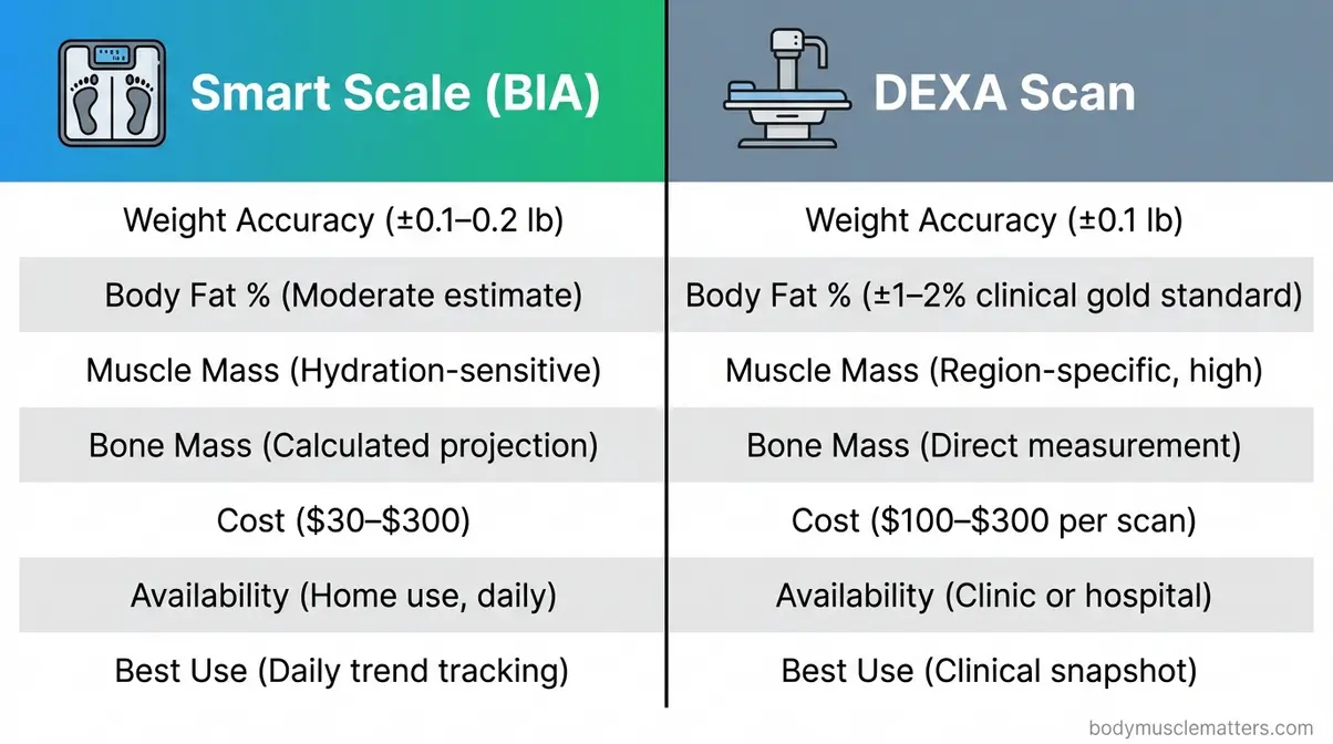Side-by-side comparison chart of BIA smart scale versus DEXA scan accuracy cost and use case differences