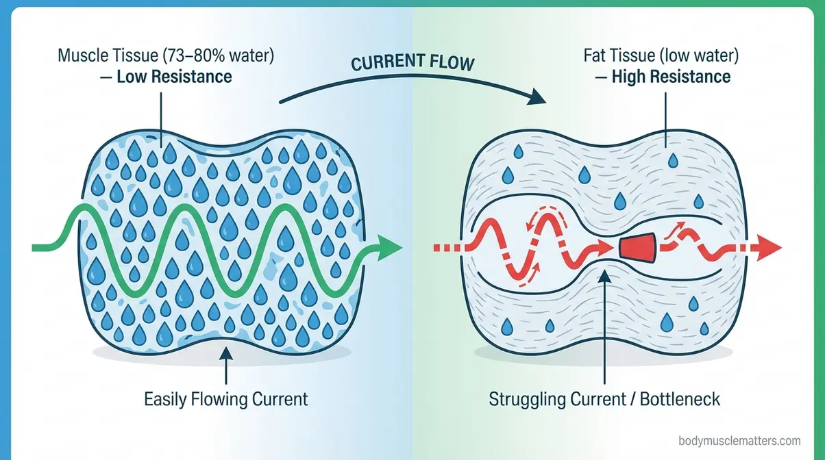 Bioelectrical impedance analysis diagram showing how muscle tissue conducts electricity and fat tissue resists electrical current