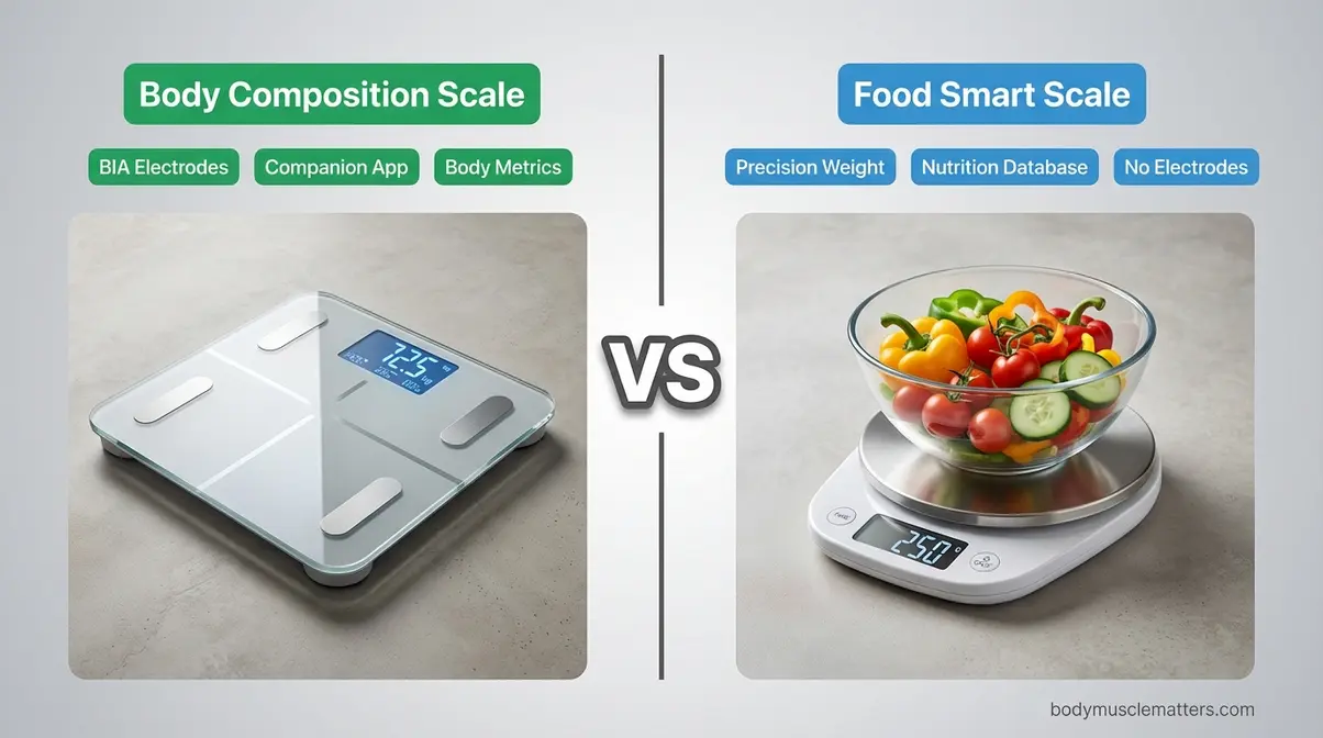 Body composition smart scale with BIA technology compared to food smart scale with nutrition database lookup showing different use cases