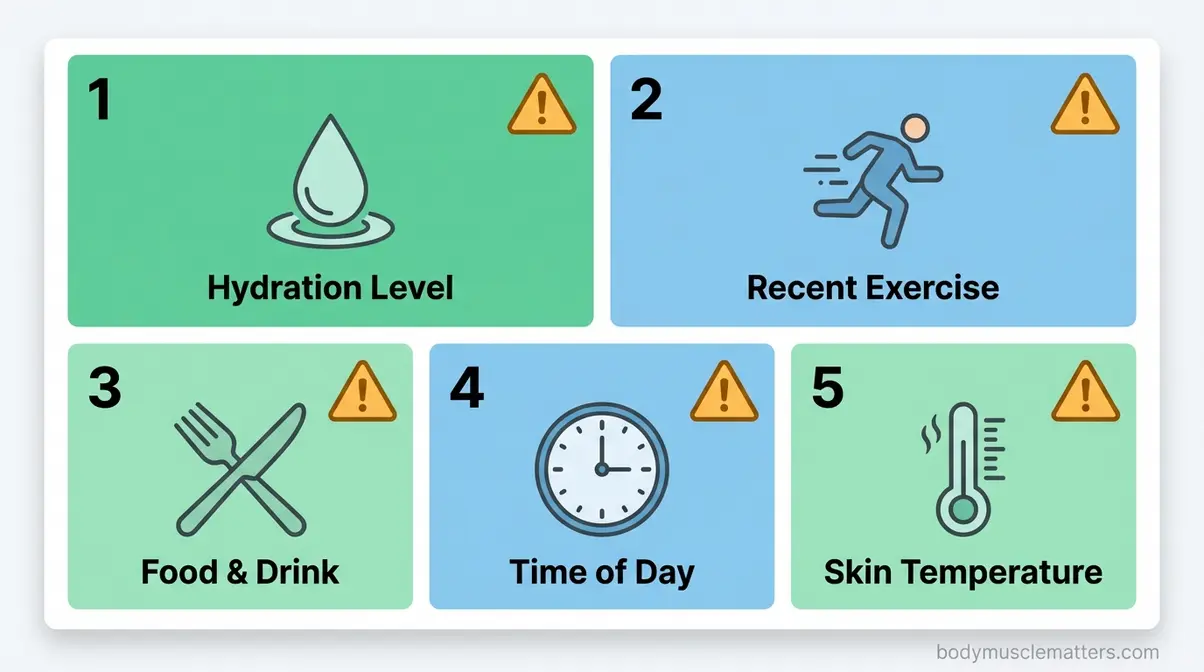 Five factors that skew smart scale BIA readings: hydration, exercise, food intake, time of day, and skin temperature