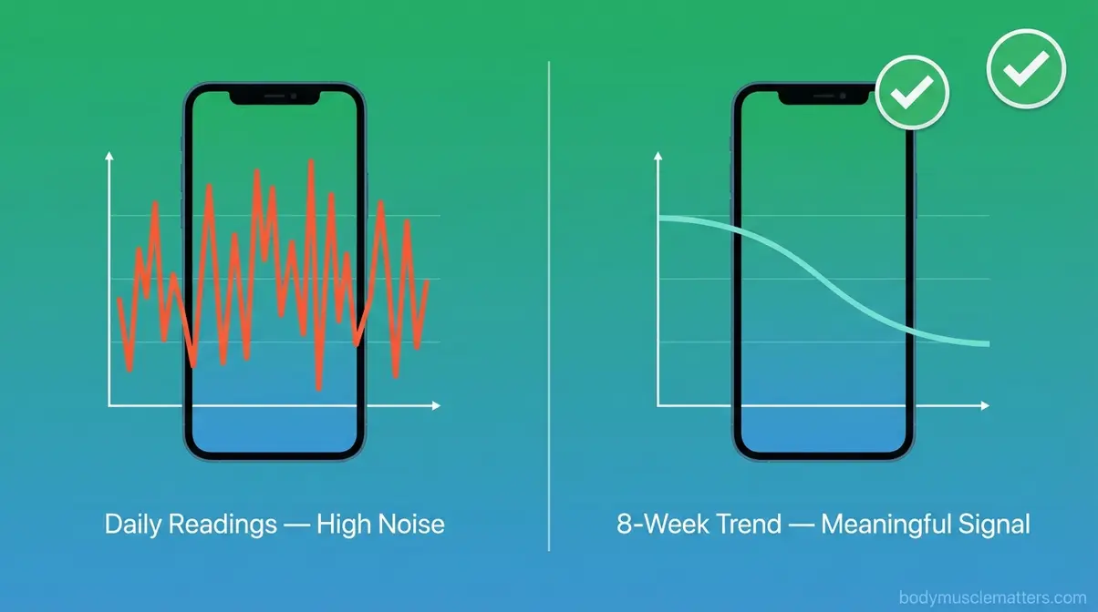 Smart scale accuracy comparison showing noisy daily body fat readings versus a meaningful 8-week downward trend line