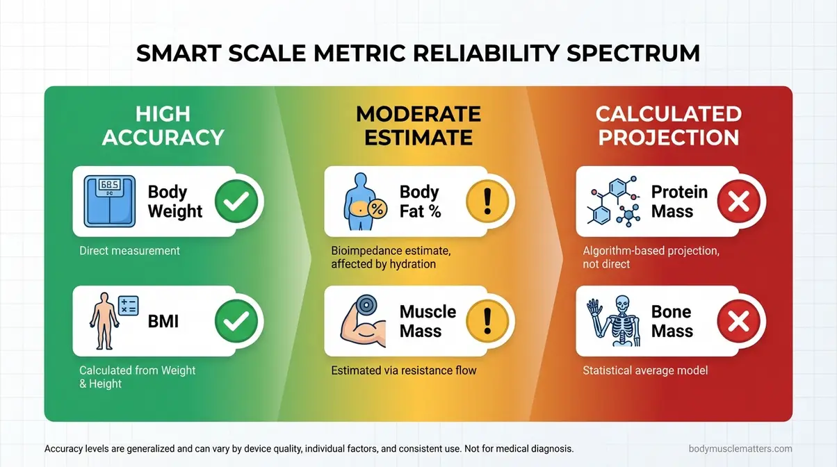 Accuracy spectrum infographic showing smart scale metric reliability from body weight high accuracy to protein and bone calculated projections