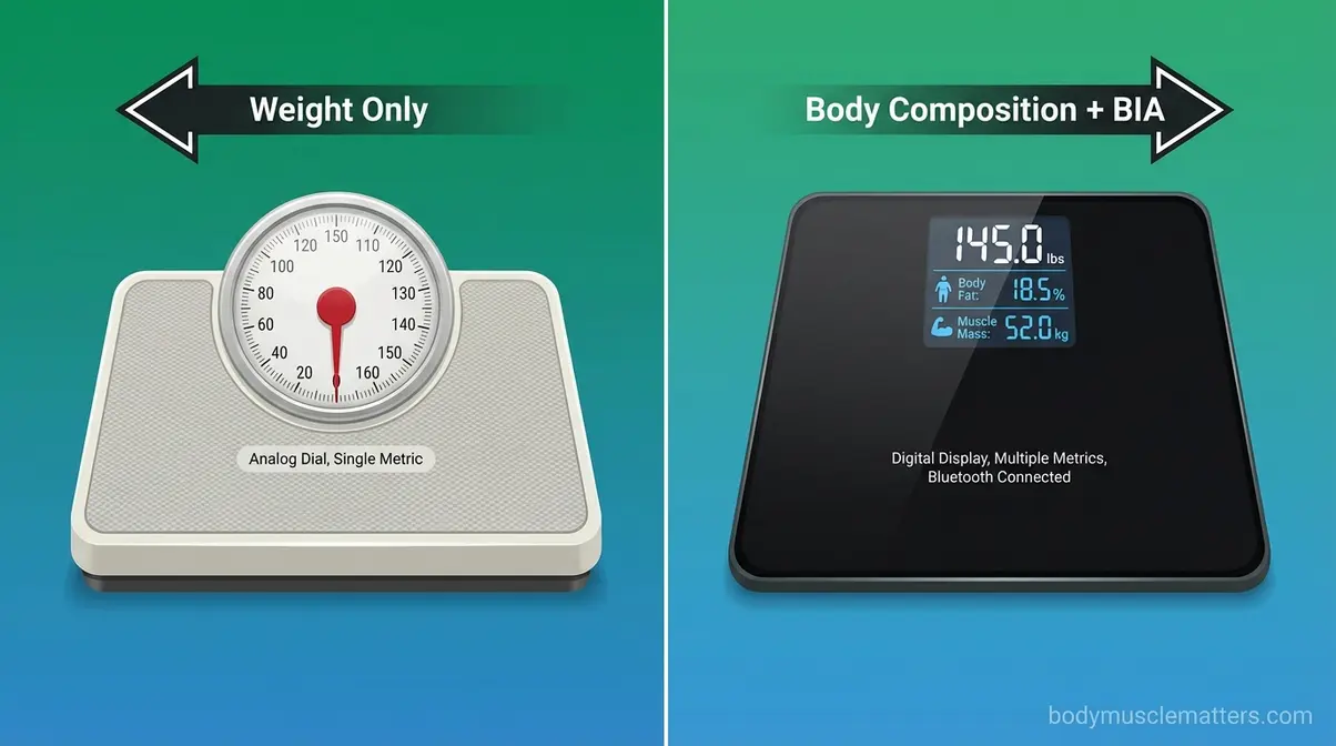 Traditional bathroom scale compared to modern smart scale showing body composition metrics and BIA technology difference