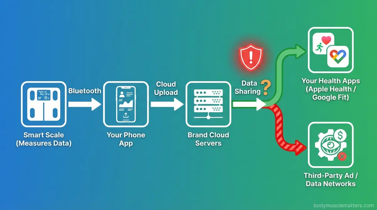 Smart scale health data privacy flow diagram showing data path from scale to phone app to cloud servers and potential third-party sharing