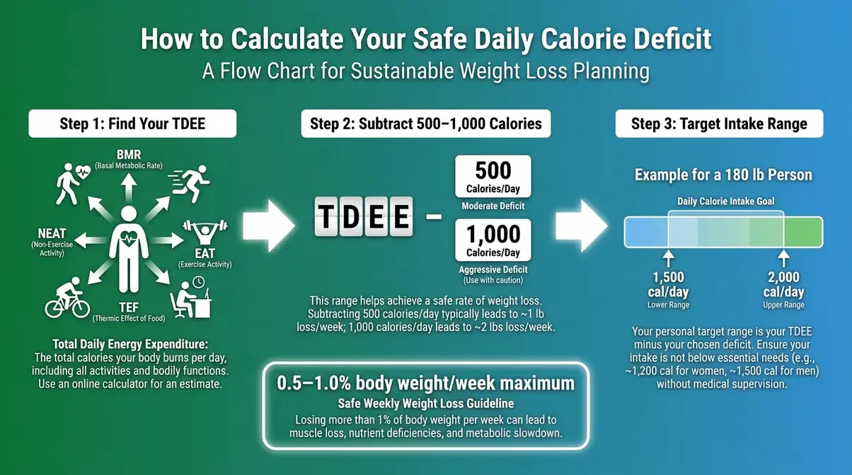 Diagram illustrating how to calculate a calorie deficit for fat loss using body weight and activity level