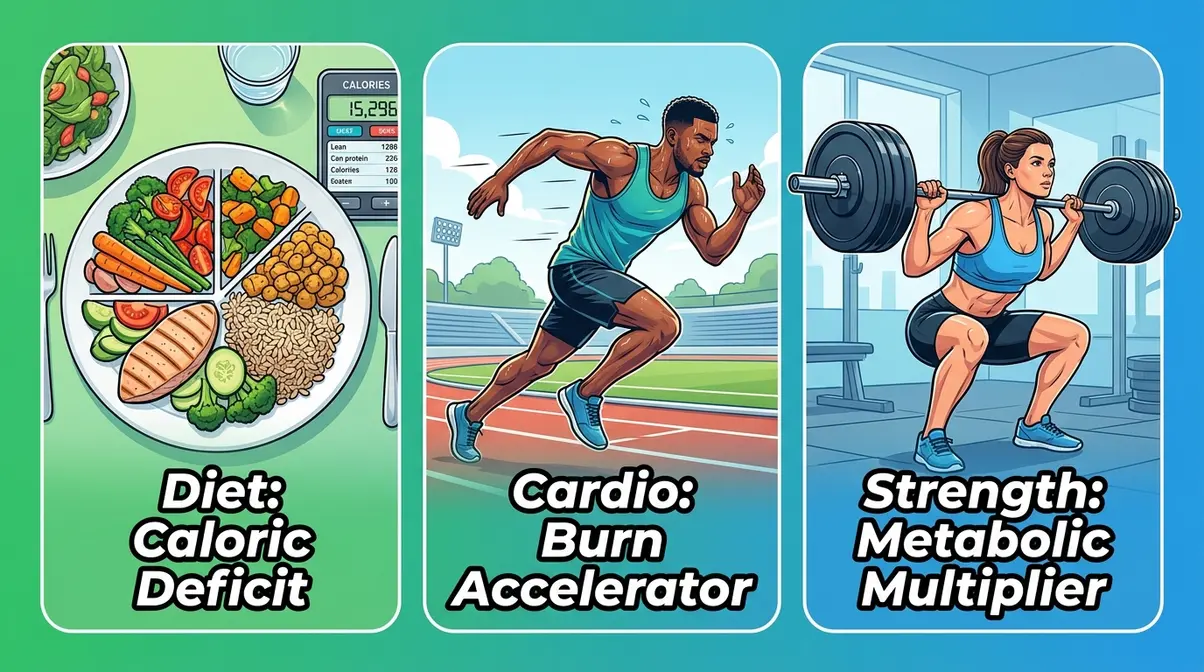 Three core fat loss methods illustrated: caloric deficit through diet, cardio for burn acceleration, and strength training as metabolic multiplier