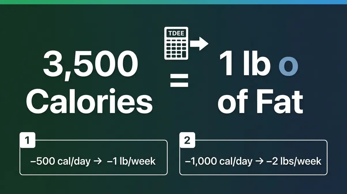 Infographic explaining the calorie math behind fat loss showing 3500 calories equals one pound of body fat