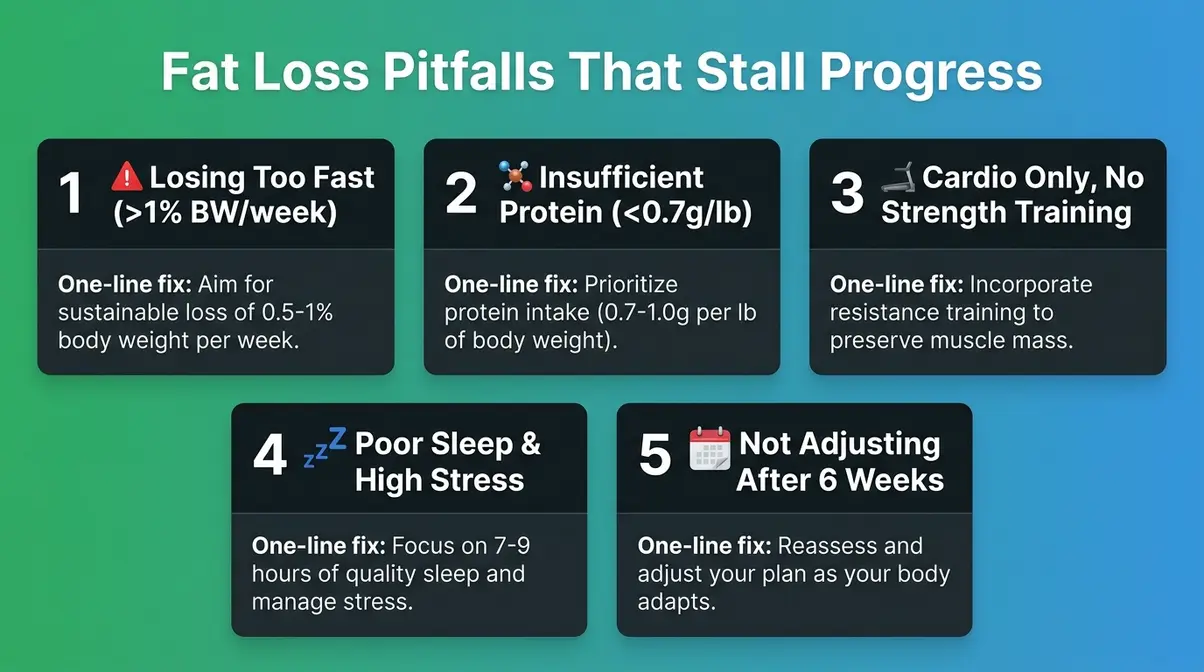 Infographic showing five common fat loss pitfalls including losing too fast, low protein, cardio only, poor sleep, and not adjusting after six weeks