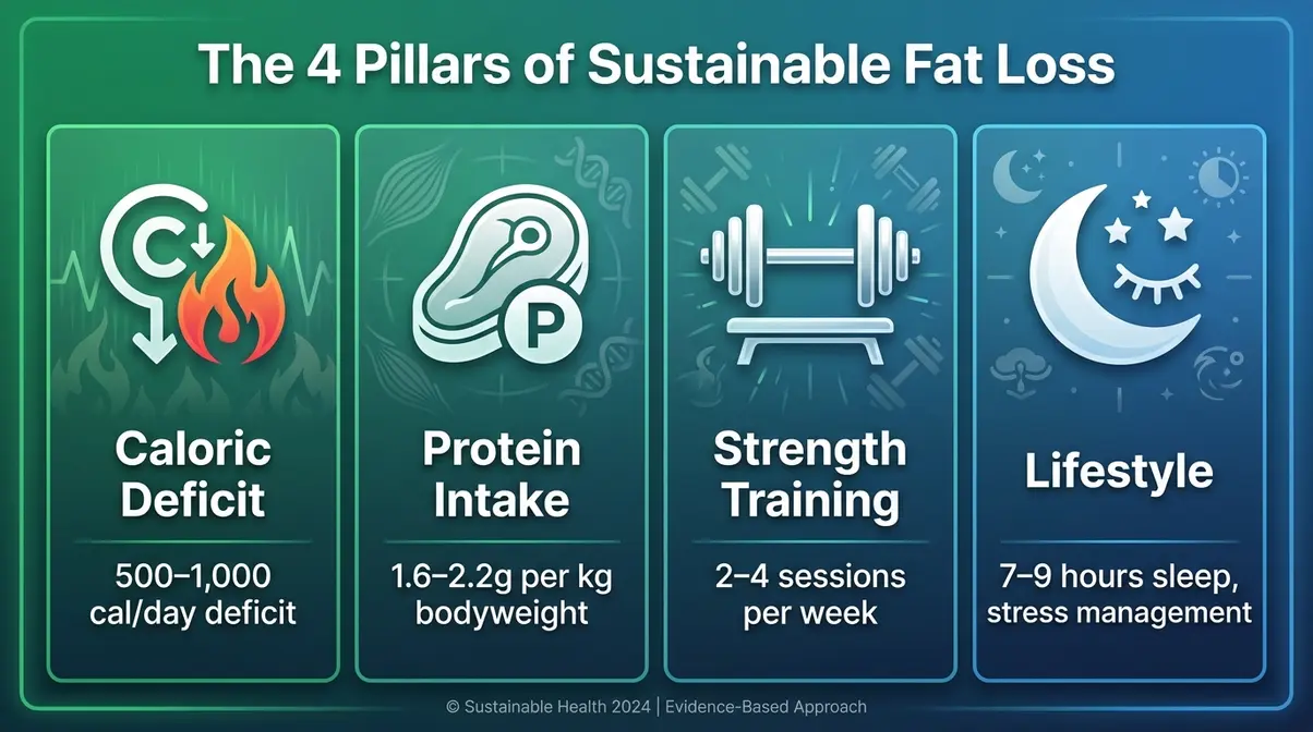 Infographic showing the four pillars of sustainable fat loss: caloric deficit, protein intake, strength training, and lifestyle factors
