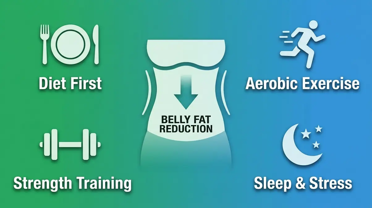 Illustration showing how to lose belly fat through diet, aerobic exercise, strength training, and lifestyle management