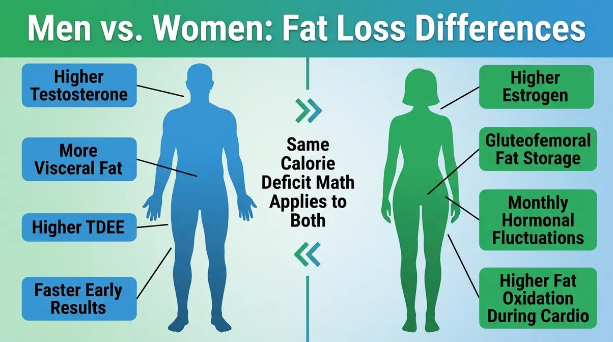Side-by-side comparison of men versus women fat loss differences driven by testosterone, estrogen, and body composition