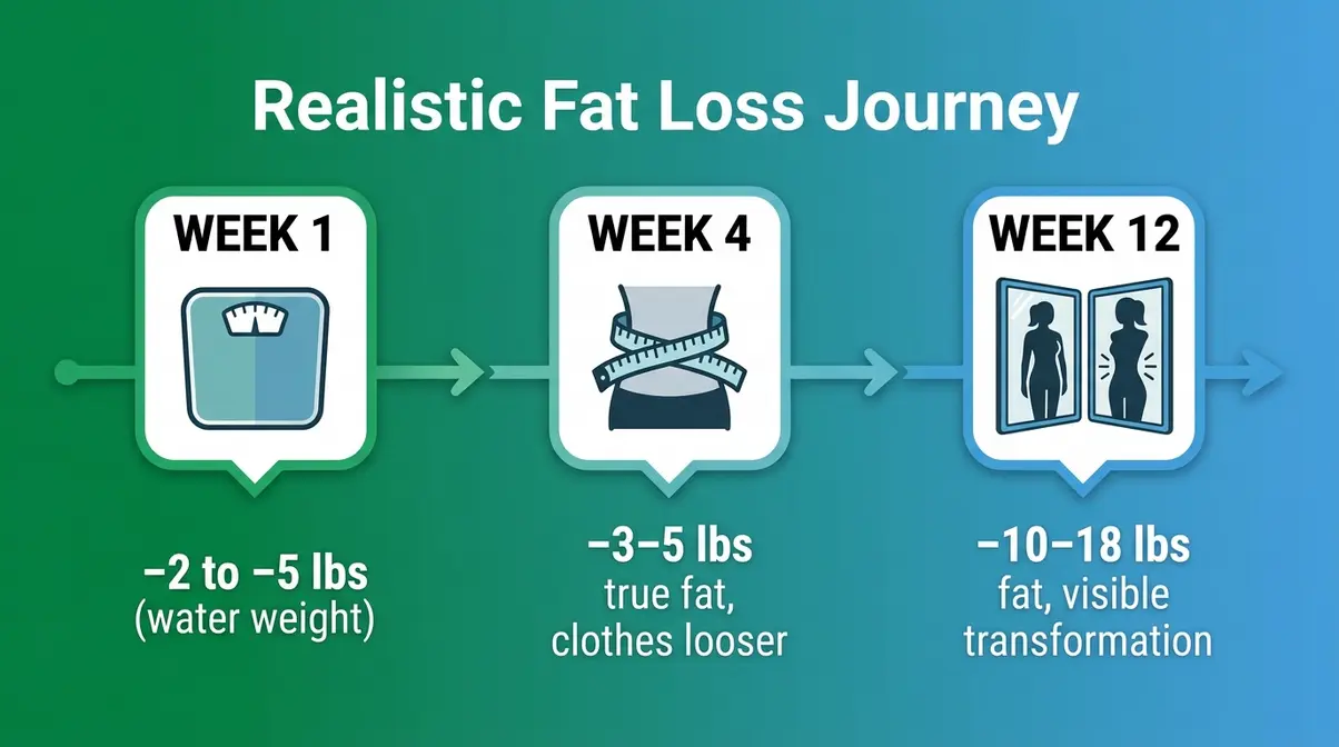 Visual timeline showing realistic fat loss milestones at weeks one, four, and twelve of a consistent program