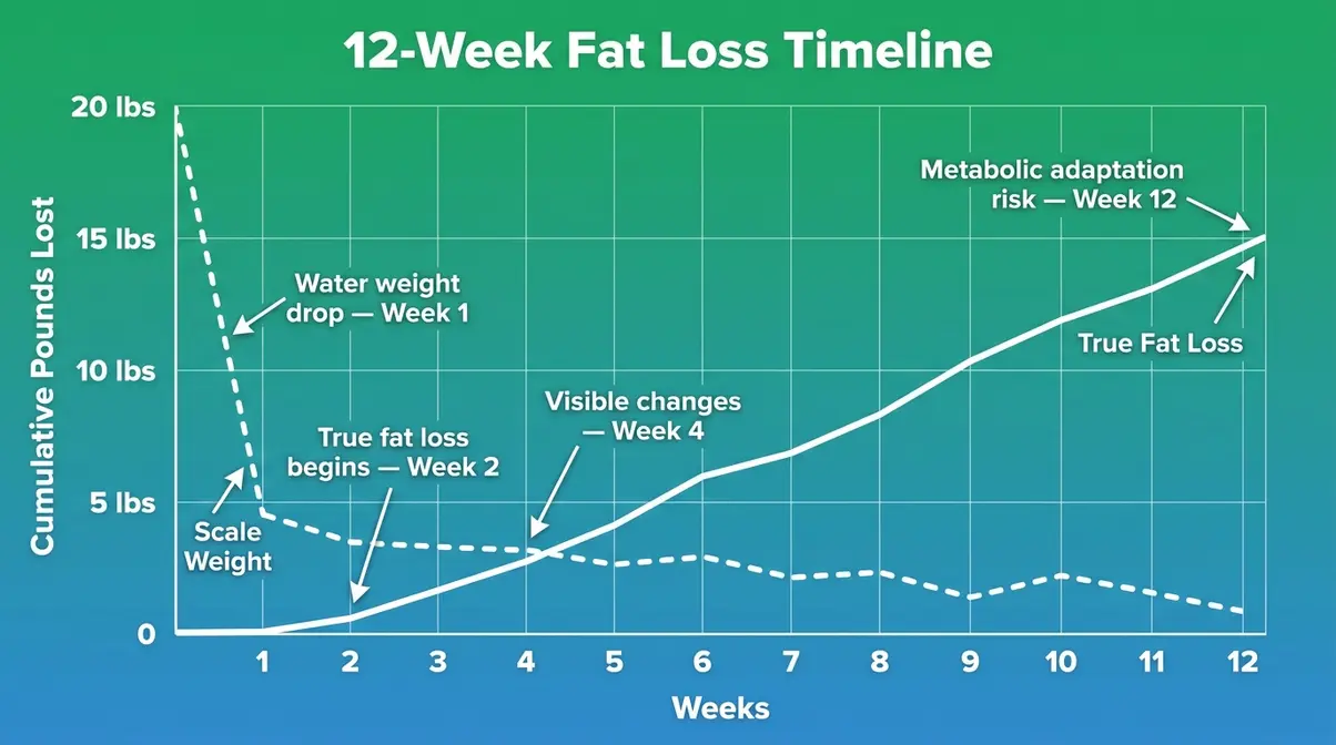 Line chart showing realistic week-by-week fat loss progression over 12 weeks, including water weight drop in week one and true fat loss beginning week two