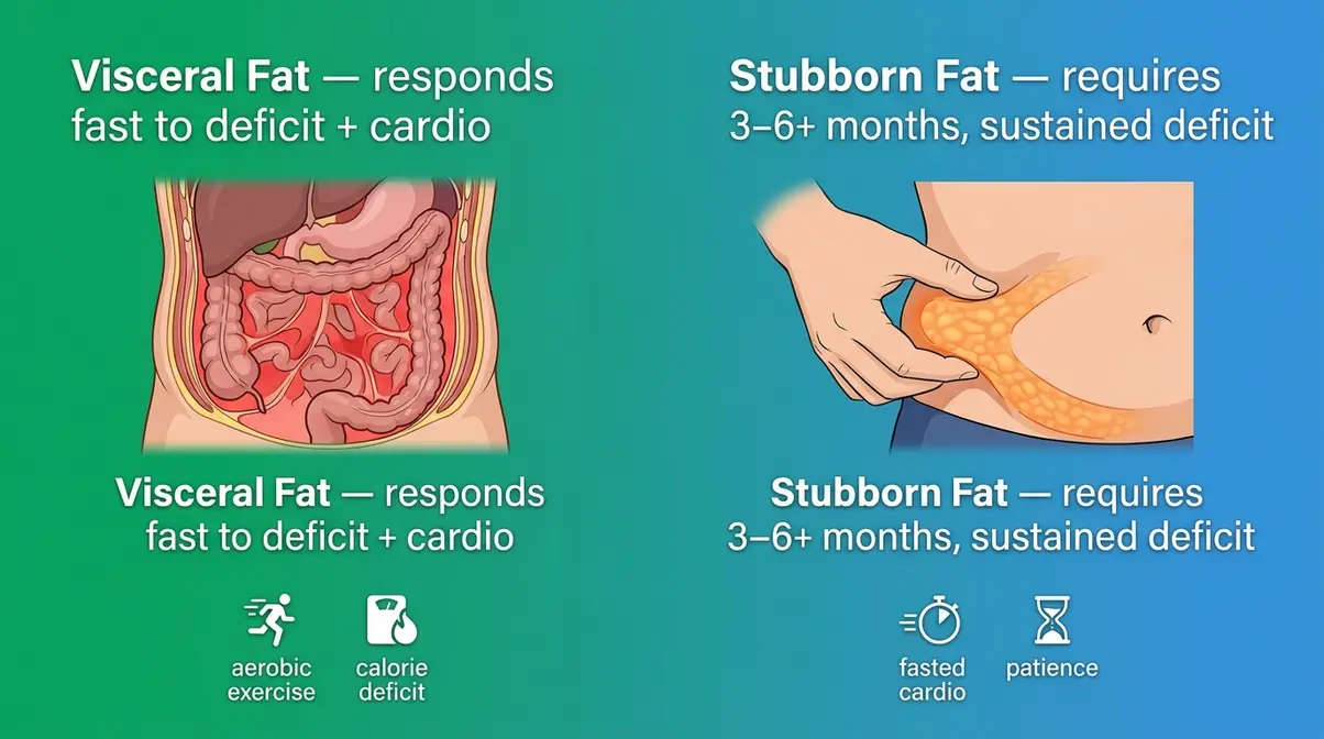 Graphic contrasting visceral fat that responds quickly to exercise and stubborn subcutaneous fat requiring sustained effort