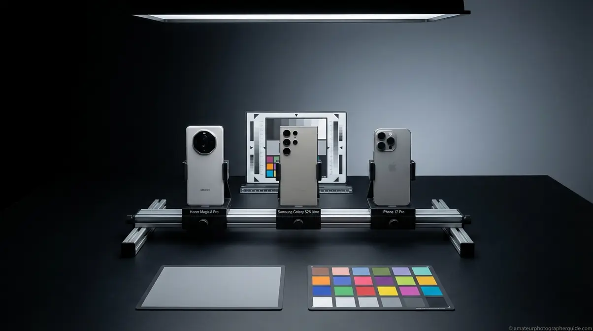 Three flagship smartphones Honor Magic 8 Pro Galaxy S26 Ultra iPhone 17 Pro side-by-side camera testing setup