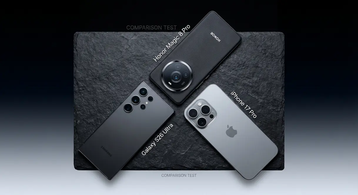 Flagship camera shootout Honor Magic 8 Pro versus Samsung Galaxy S26 Ultra versus Apple iPhone 17 Pro flat-lay comparison