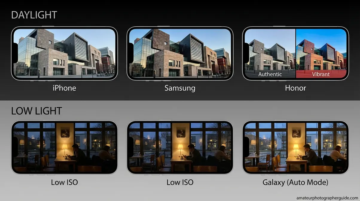 Daylight and low-light photo comparison Honor Magic 8 Pro Galaxy S26 Ultra iPhone 17 Pro colour and shadow rendering