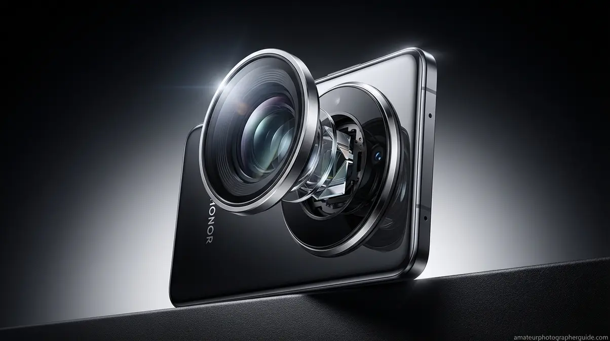 Honor Magic 8 Pro 200MP SuperNight periscope telephoto lens close-up review image showing folded optics