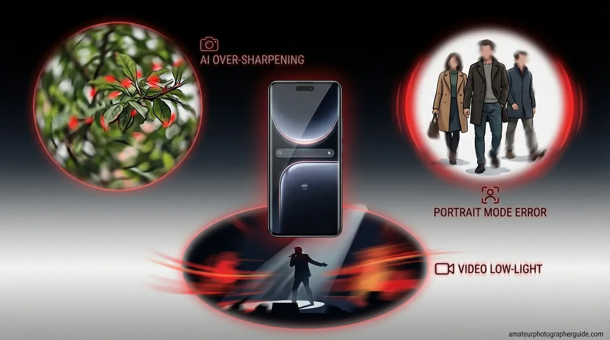 Honor Magic 8 Pro camera limitations visual showing AI over-sharpening portrait mode and video low-light failure scenarios