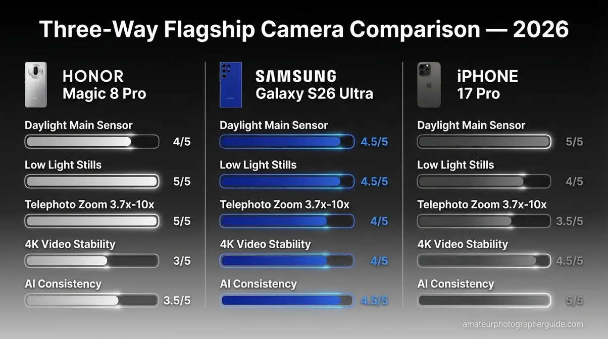 Honor Magic 8 Pro versus Galaxy S26 Ultra versus iPhone 17 Pro camera five-criteria comparison infographic