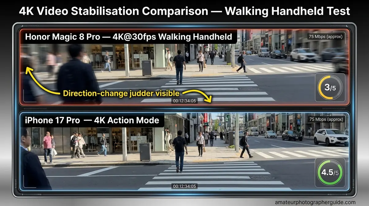 Honor Magic 8 Pro 4K video stabilization frame comparison versus iPhone 17 Pro walking handheld direction-change test