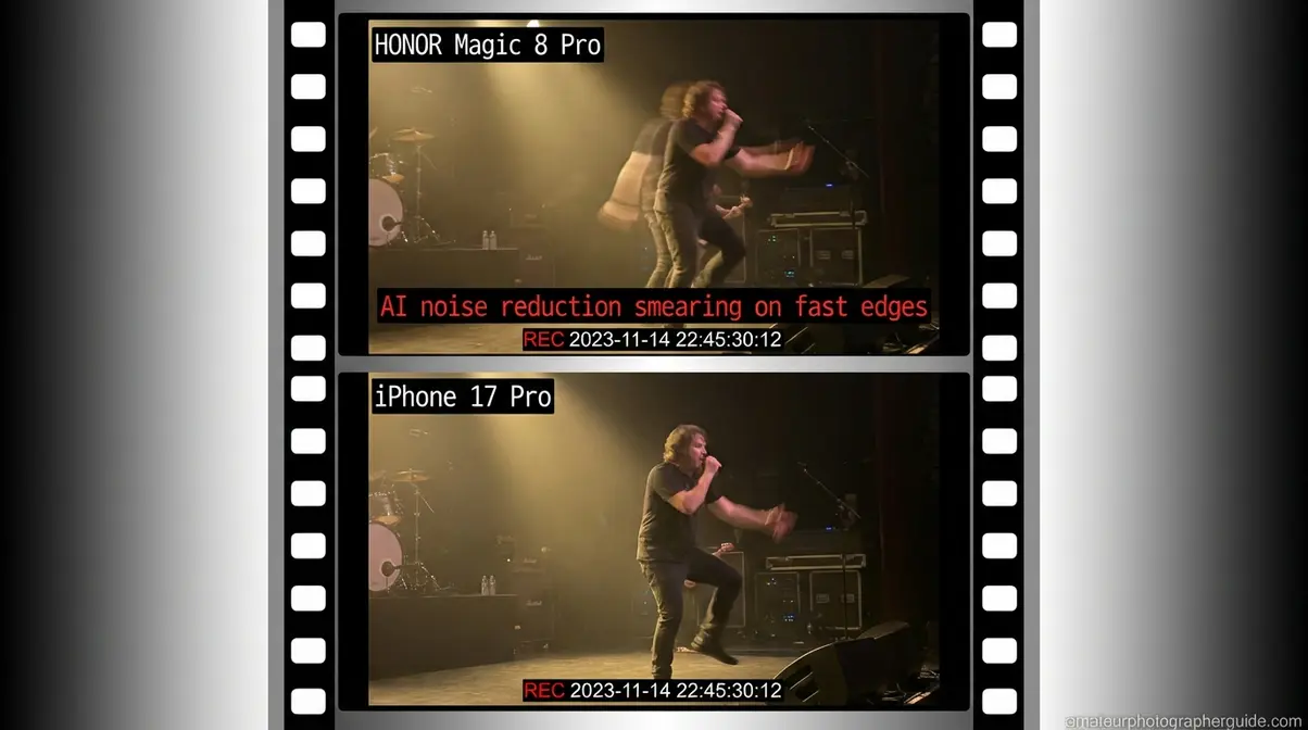 Honor Magic 8 Pro 4K video low-light motion blur and smearing versus iPhone 17 Pro comparison frame