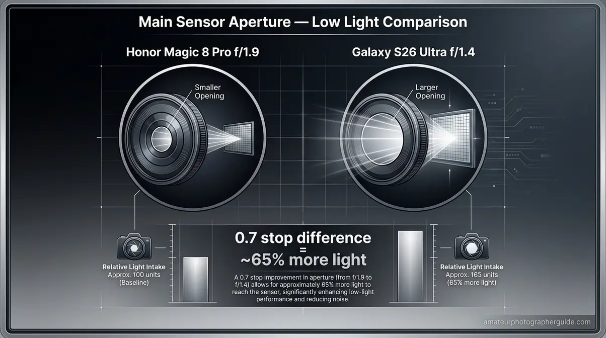 Honor Magic 8 Pro f/1.9 versus Galaxy S26 Ultra f/1.4 aperture light-gathering comparison infographic